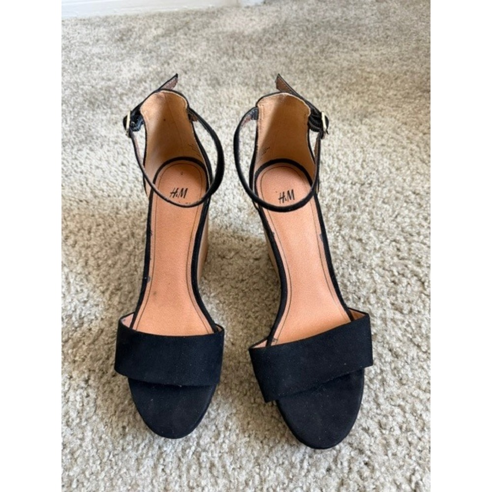 HM Womens Black Faux Suede Cork Wedge Sandals Ankle Strap Open Toe Heels